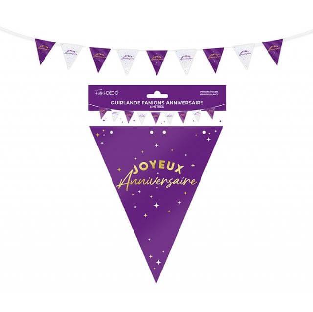 Gf24vl guirlande fanion joyeux anniversaire couleur blanc irise violet astral