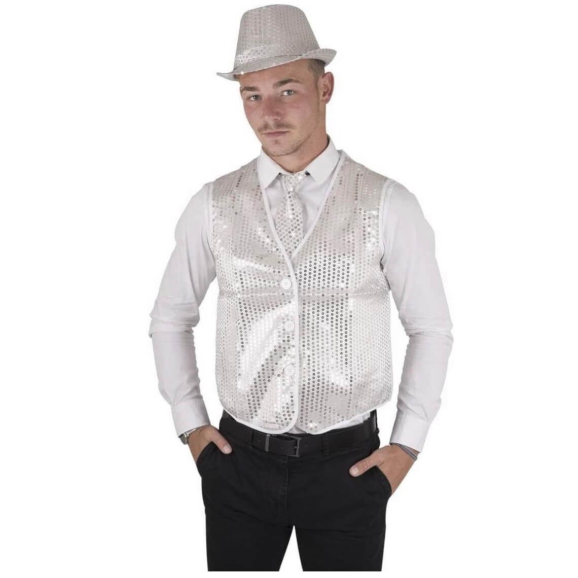 Gilet sans manche argent avec sequins fete disco anne 80 fluo