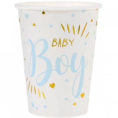 Gobelet Baby Shower Boy en blanc, bleu ciel et or métallisé 27cl (x10) REF/7253