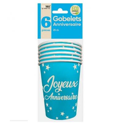 Gobelet bleu joyeux anniversaire en metiere carton