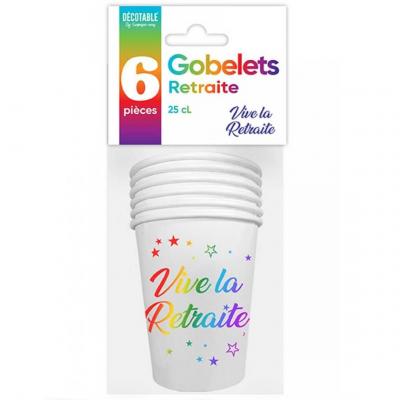 6 Gobelets en carton vive la retraite en multicolore de 25cl REF/GBM25M11