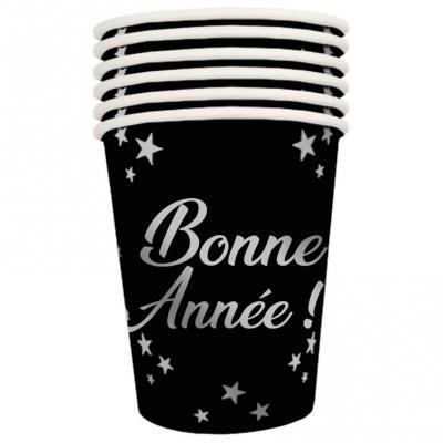 Gobelet carton Bonne Année en noir et argent pour le nouvel an (x6) 25cl REF/GBM2599ATG