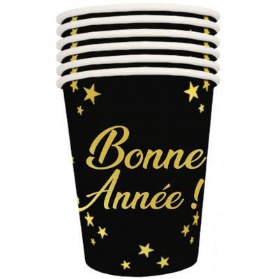 Gobelet carton Bonne Année en noir et doré or pour le nouvel an (x6) 25cl REF/GBM2599ORTG