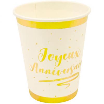 Gobelet joyeux anniversaire blanc et or (x6) REF/JET004