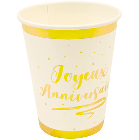 Gobelet joyeux anniversaire blanc et or 1