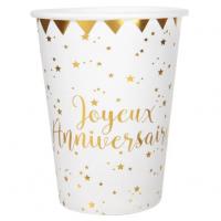 Gobelet joyeux anniversaire blanc et or metallise