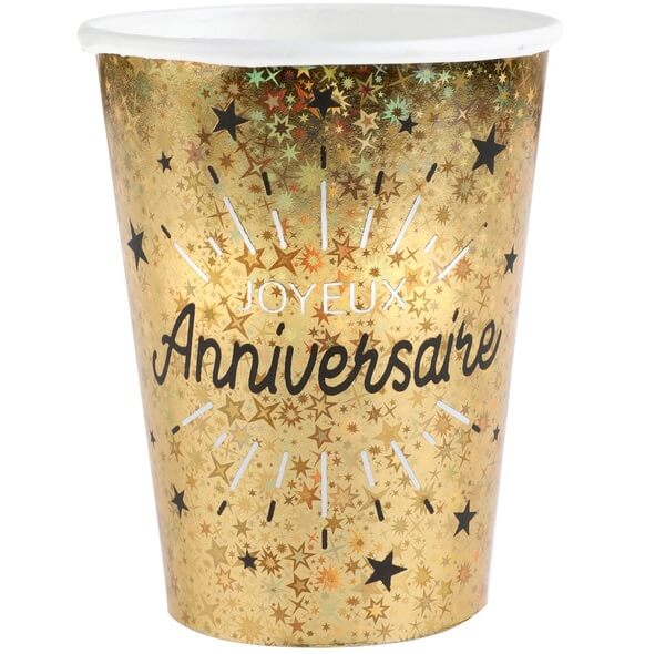 Gobelet joyeux anniversaire or metallique et noir