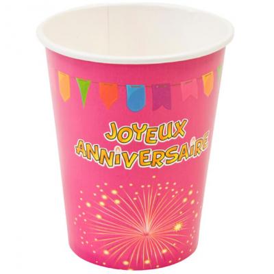 Gobelet joyeux anniversaire rose fuchsia en carton