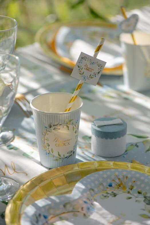 Gobelet rose baby shower bleu ciel garcon monsieur choux