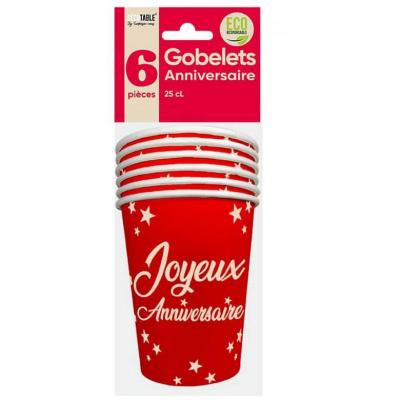 Gobelet rouge joyeux anniversaire en matière carton (x6) REF/GB2500R