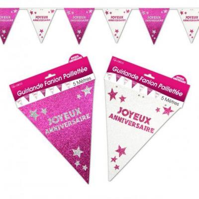 Guirlande fanion anniversaire pailletée: Fuchsia et blanc (x1) REF/GFP00R