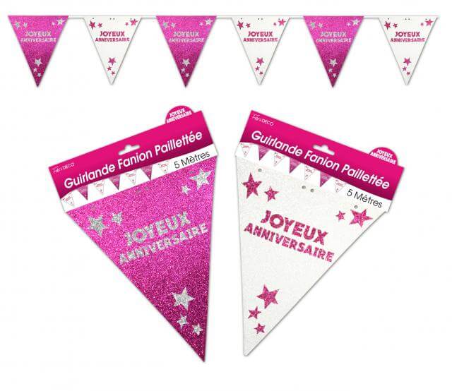 Guirlande anniversaire pailletee fuchsia et blanche