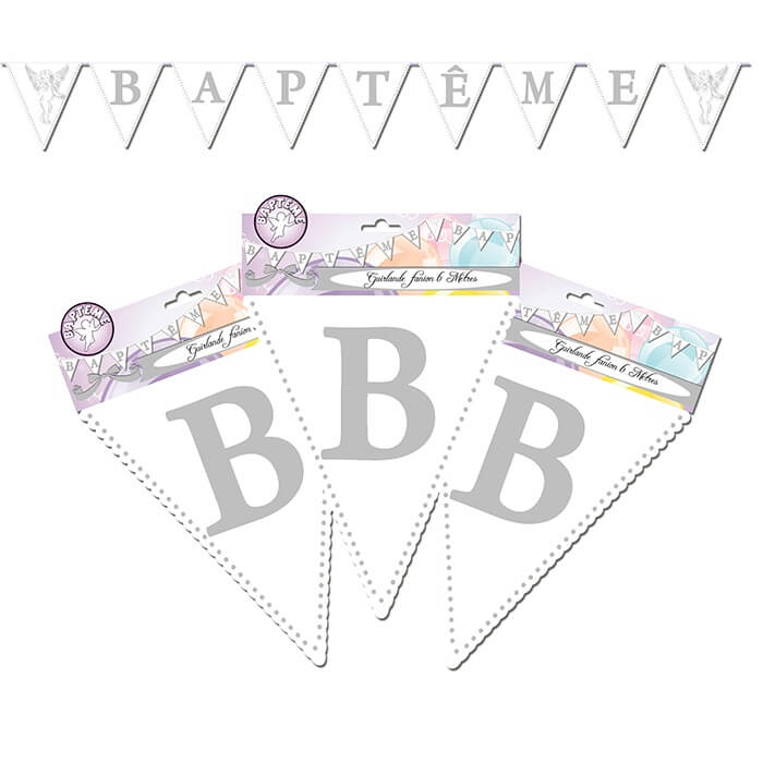 Guirlande fanion bapteme blanche et argentee