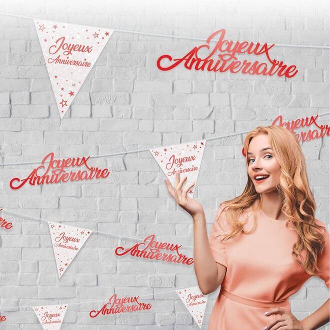 Guirlande fanion blanche rouge metallisee joyeux anniversaire