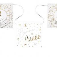 Guirlande fanion bonne annee horloge blanc argent et or