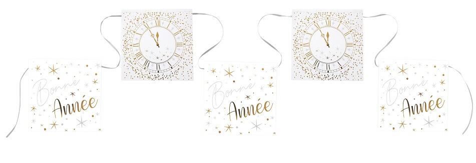 Guirlande fanion bonne annee horloge blanc argent et or