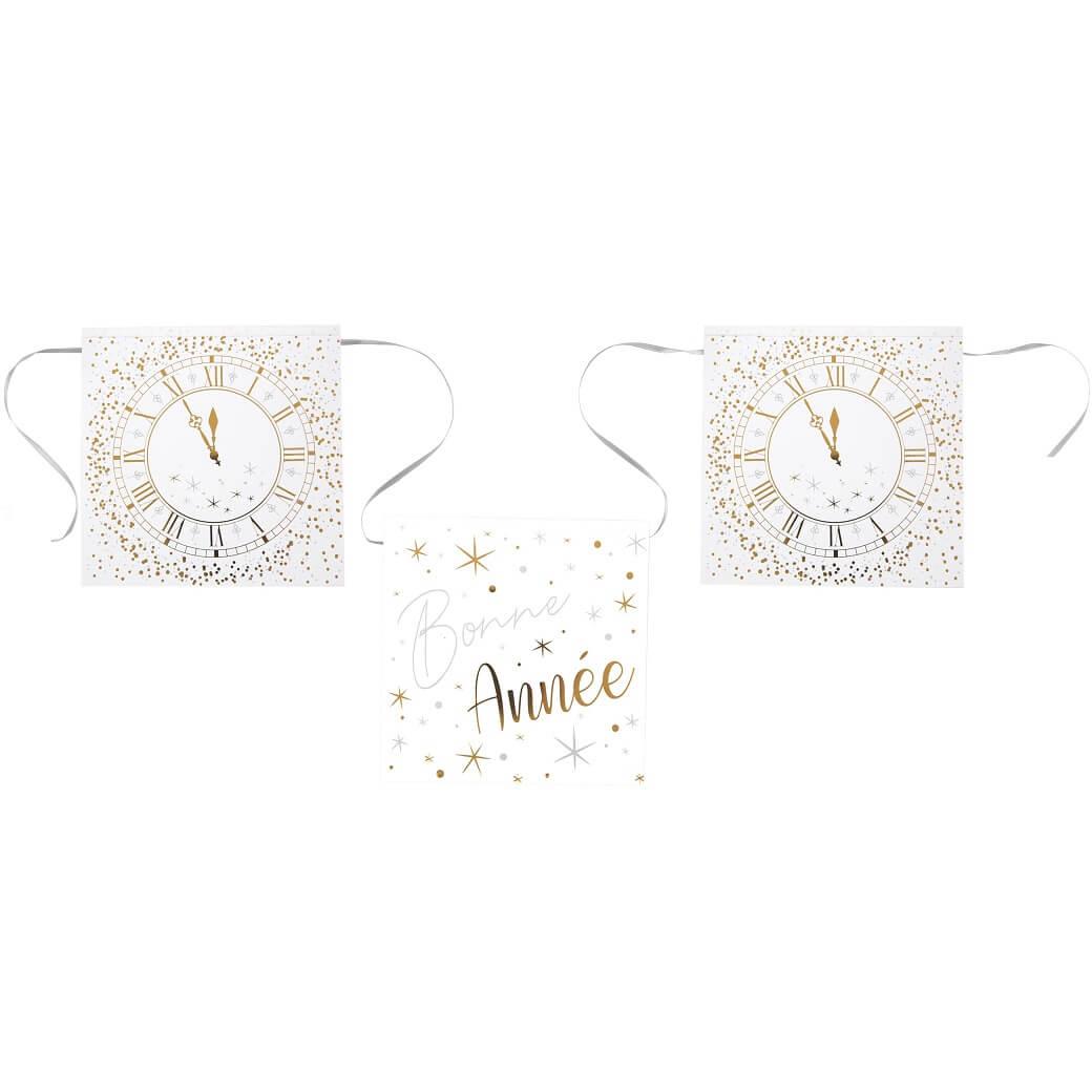 Guirlande fanion bonne annee horloge blanc et or