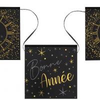 Guirlande fanion bonne annee horloge noir argent et or