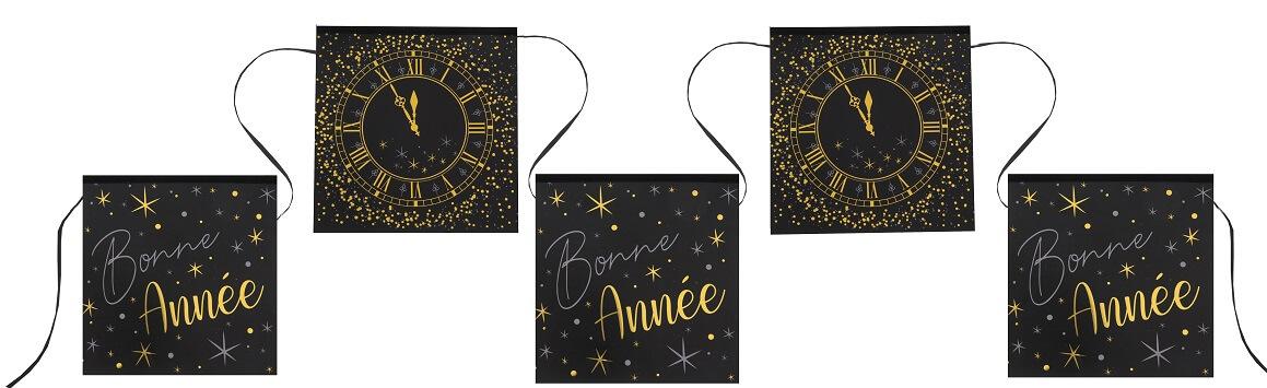 Guirlande fanion bonne annee horloge noir argent et or