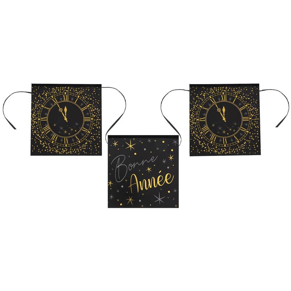 Guirlande fanion bonne annee horloge noir et or