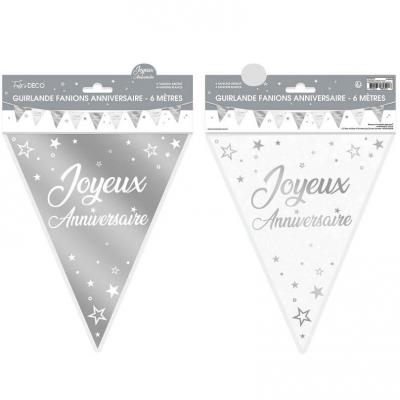 Guirlande fanion joyeux anniversaire blanche et argentee metallisee