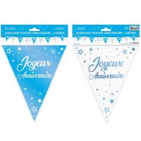 Guirlande fanion fete anniversaire blanche et bleue metallique