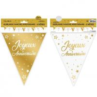 Guirlande fanion fete anniversaire blanche et doree or metallique