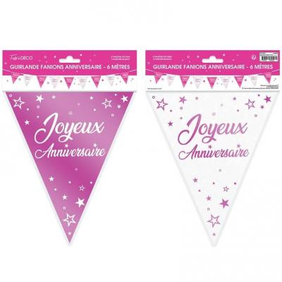 Guirlande fanion joyeux anniversaire blanche et rose fuchsia metallisee