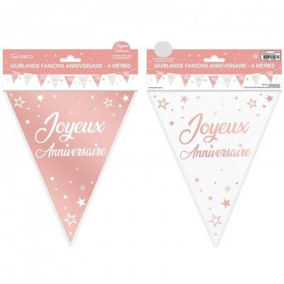 Guirlande fanion joyeux anniversaire blanche et rse gold metallisee
