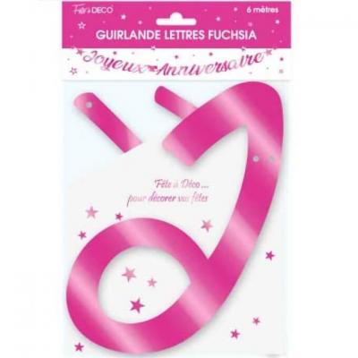 Guirlande lettre joyeux anniversaire metallique rose fuchsia