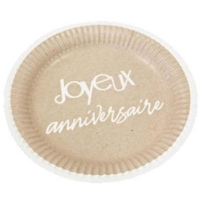 Jet021 decoration assiette ronde carton 23cm joyeux anniversaire kraft et blanc