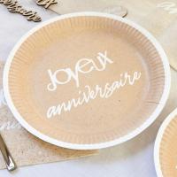 Jet021 decoration assiette ronde carton 23cm joyeux anniversaire kraft et blanc