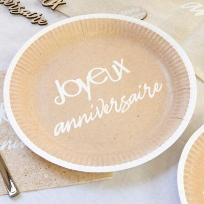 Jet021 decoration assiette ronde carton 23cm joyeux anniversaire kraft et blanc
