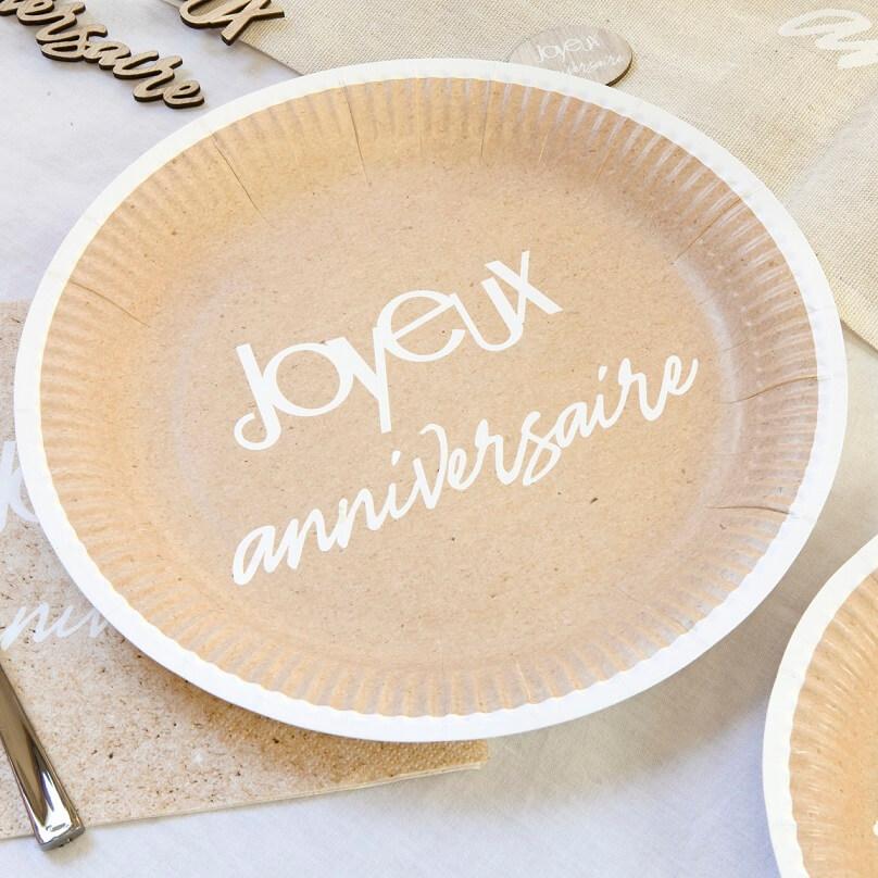 Jet021 decoration assiette ronde carton 23cm joyeux anniversaire kraft et blanc