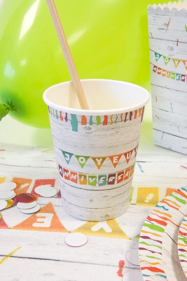 Jet037 vaisselle jetable gobelet carton joyeux anniversaire multicolore