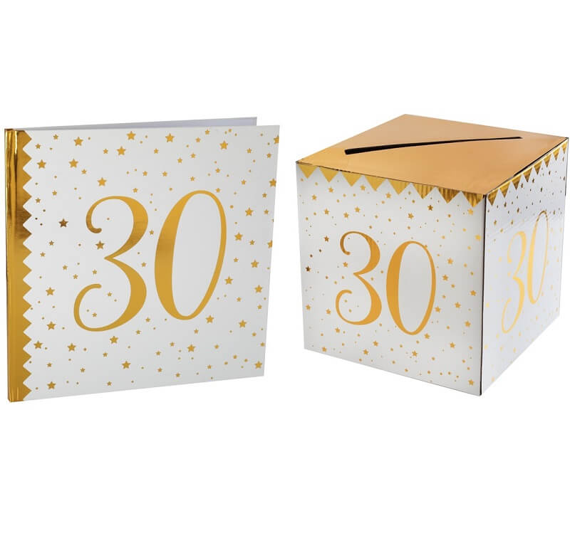 1 Pack urne avec livre d'or anniversaire 30ans or et blanc