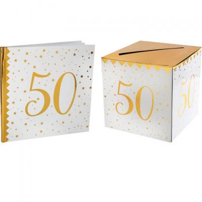 1 Pack urne et livre d'or anniversaire or et blanc 50ans REF/6186-6185
