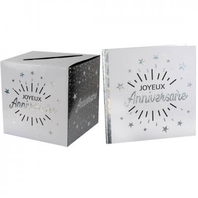 1 Pack urne et livre d'or joyeux anniversaire blanc et argent REF/6651-6652