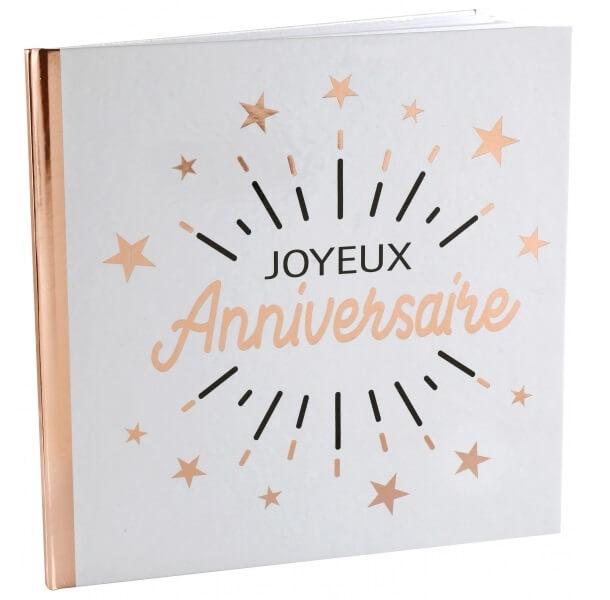 Livre d or joyeux anniversaire blanc et rose gold metallique