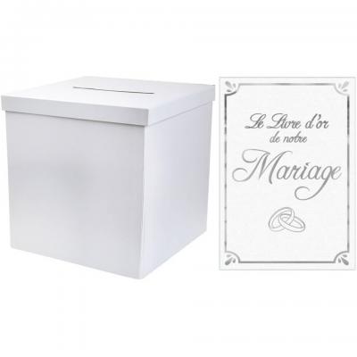 1 Pack urne carrée et livre d'or mariage blanc et argent REF/2911-LDORM