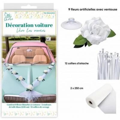 M25dv kit decoration voiture mariage fleur ventouse ruban tulle blanc