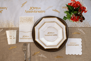 Magasin nord pas de calais decoration joyeux anniversaire blanc et dore or metallique