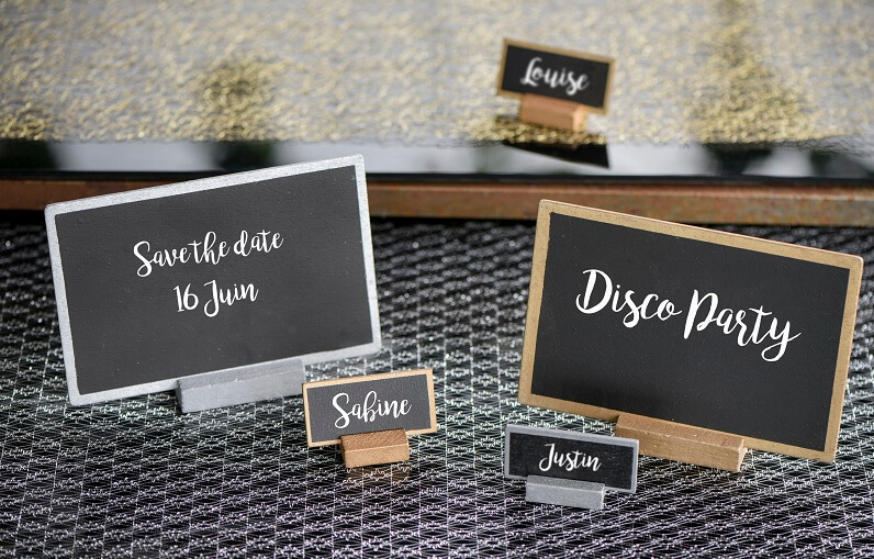 Marque place ardoise en bois argent