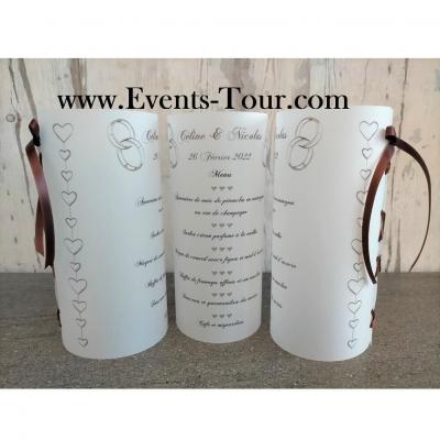 Menu photophore mariage champetre marron coeur alliances
