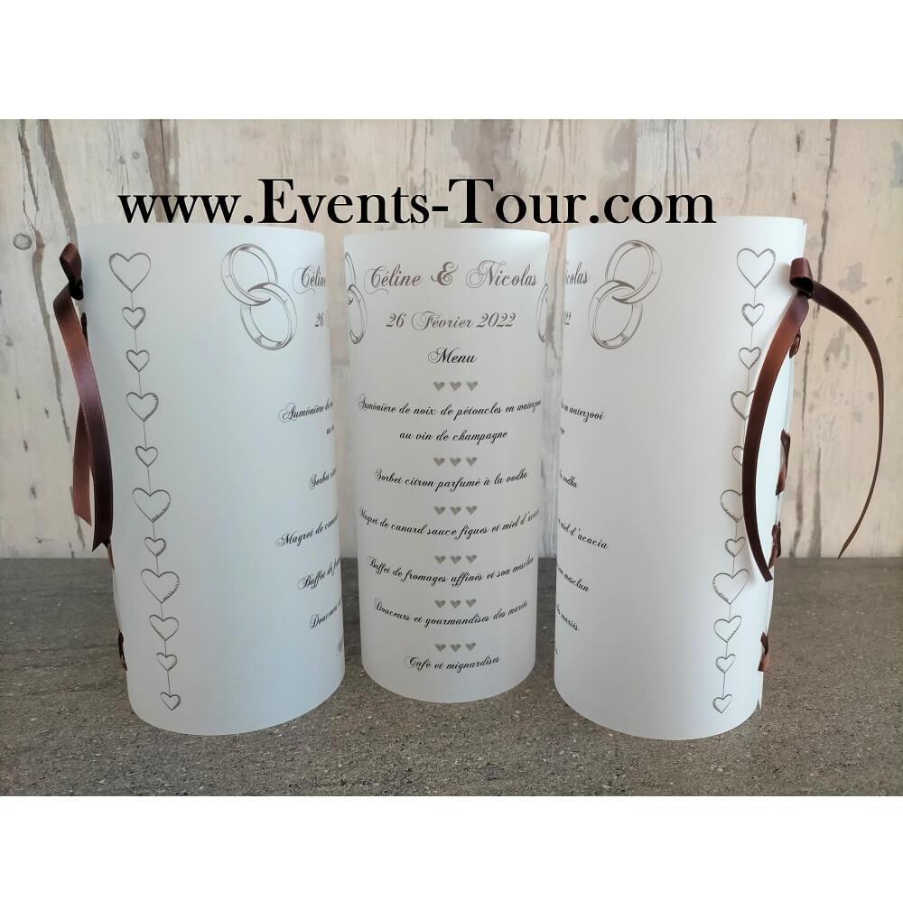 Menu photophore mariage champetre marron coeur alliances