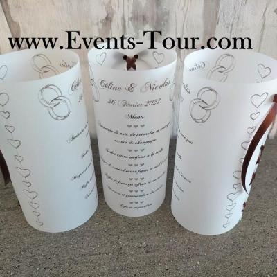 Menu photophore mariage champetre marron coeur alliances