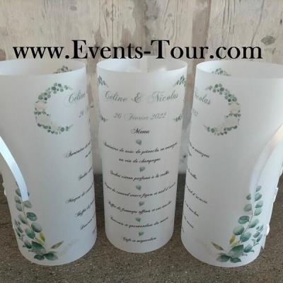 Menu photophore mariage champetre rose et eucalyptus