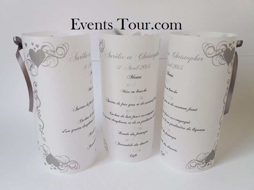 Menu photophore mariage coeur gris