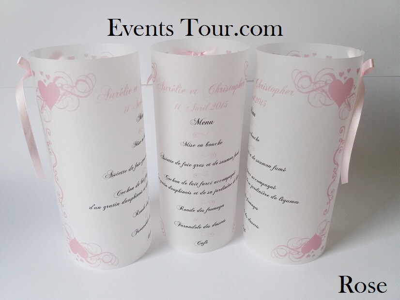 Menu photophore mariage coeur rose