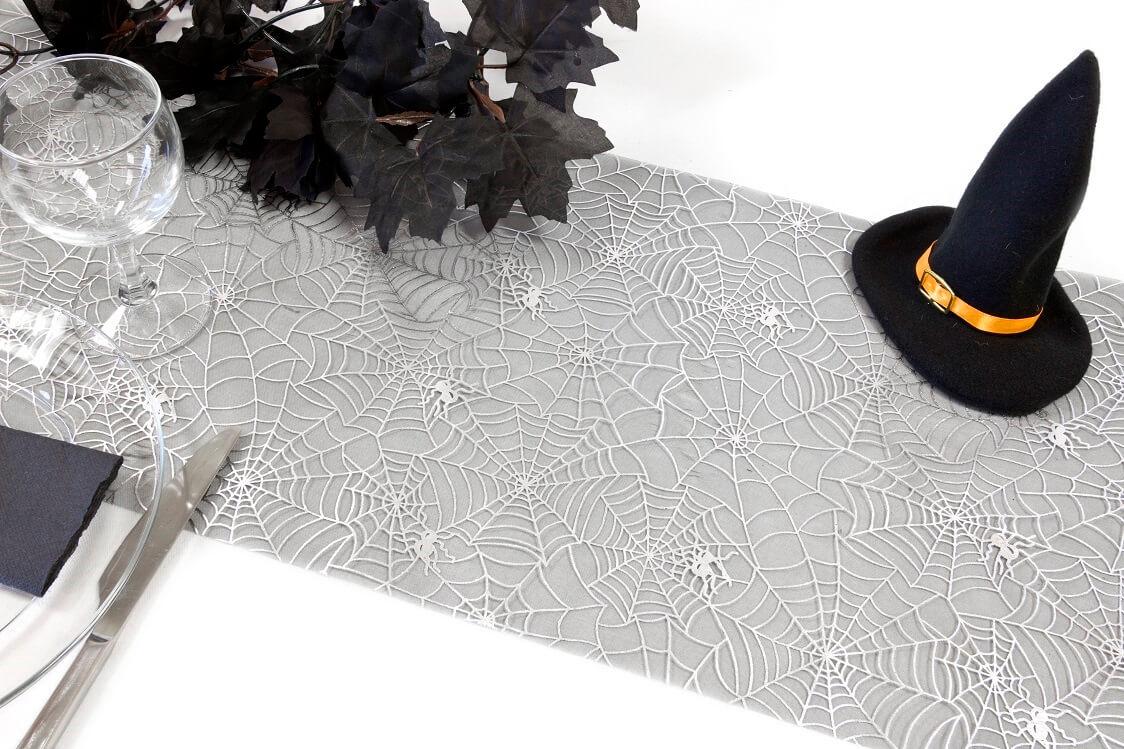 Org610 decoration chemin de table halloween toile araignee noir argent